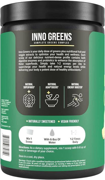 Inno Greens | 28+ Organic Greens & Superfoods | Advanced Prebiotics + Probiotics | Super Antioxidant + Hydration | Spirulina, Chlorella, Ashwagandha | Natural, Non-GMO | 30 Servings (Paradise Punch)