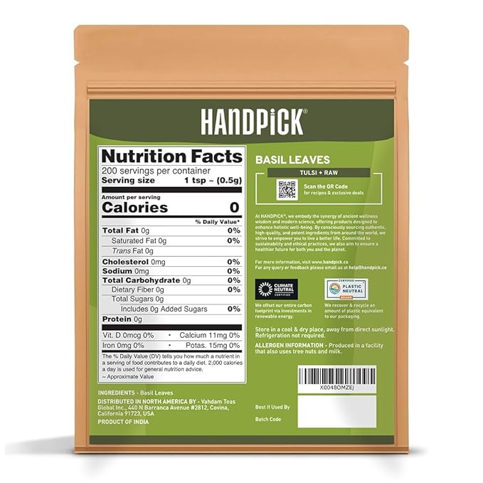 HANDPICK Dried Basil Leaves 40 Servings (100g/ 3.5oz) Non GMO, Gluten Free, 100% Raw Whole Tulsi Leaf, Sourced from India, Premium Quality, Packed in Resealable Ziplock Pouch