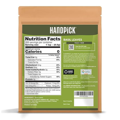 HANDPICK Dried Basil Leaves 40 Servings (100g/ 3.5oz) Non GMO, Gluten Free, 100% Raw Whole Tulsi Leaf, Sourced from India, Premium Quality, Packed in Resealable Ziplock Pouch