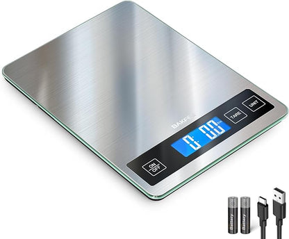 Food Scale, 33lb Digital Kitchen Scale with Stainless Steel & Tempered Glass, USB Rechargeable, 1g / 0.05oz Precise Graduation, Waterproof and Sturdy Surface, for Cooking, Baking, Weight Loss