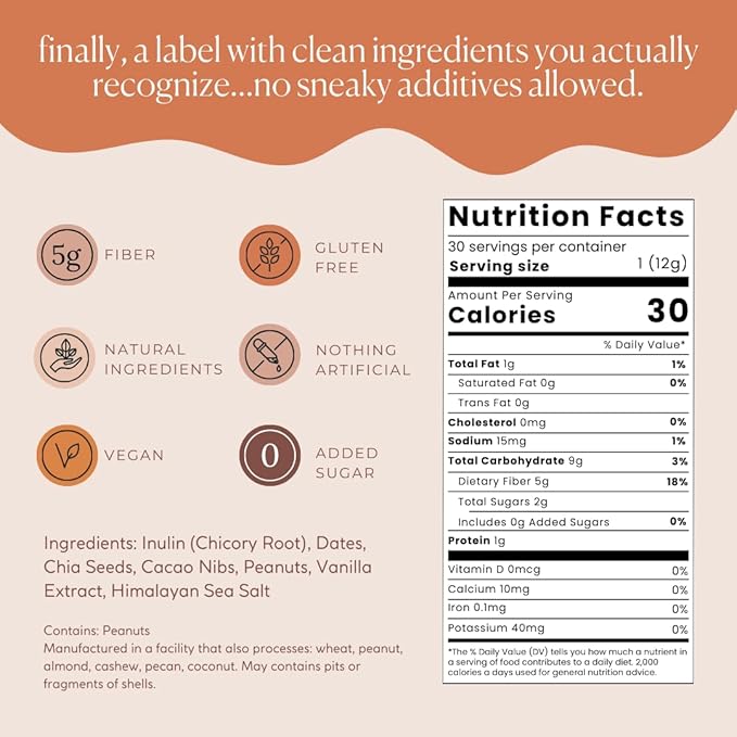 Fiber Supplement - 5g Daily Fiber Bite - Supports Regularity, Digestion and Gut Health - All Natural Ingredients, Peanut Butter Cacao Flavor, 30 Servings