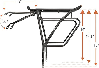 Ibera Bike Rack - Bicycle Touring Carrier Plus+ for Disc Brake/Non-Disc Brake Mount, Fat Tire Bikes, Frame-Mounted for Heavier Top & Side Loads, Height Adjustable for 26"-29" Frames