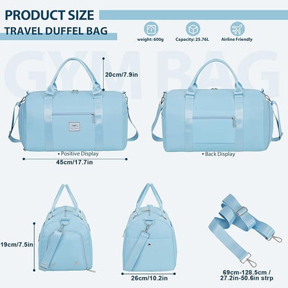 FIORETTO Womens Gym Tote Duffle Bag with Wet Pocket & Shoe Compartment, Sports Duffel Overnight Weekender Hospital Workout Carry on Bag for Girls, Ideal for Travel, Swimming, Dance, Ballet Light Blue