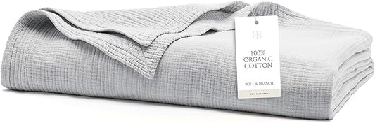 BOLL & BRANCH Dream Bed Blanket - King/Cal King, Sky - Luxury 100% Organic Cotton - Soft, Lightweight and Breathable - Cloud-Like Touch