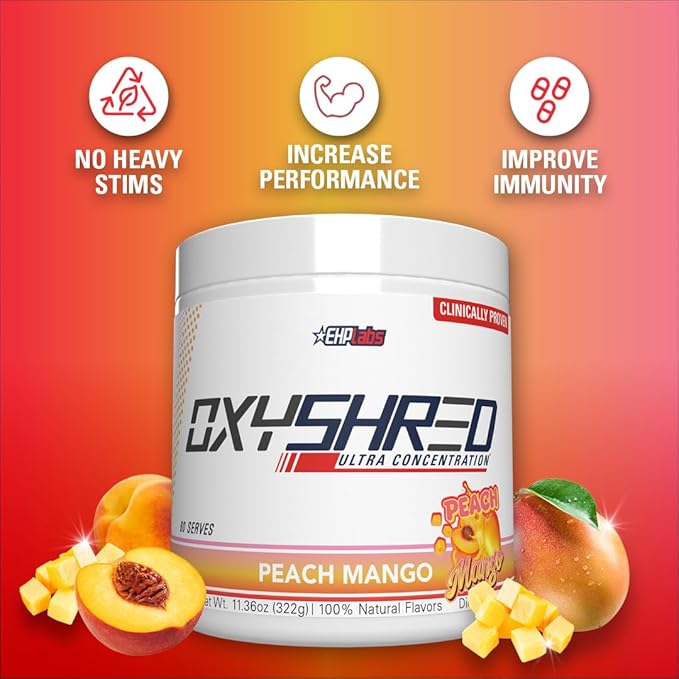 EHP Labs OxyShred Pre Workout Powder - Preworkout Powder with L Glutamine & Acetyl L Carnitine, Energy Boost Drink - Peach Mango, 60 Servings