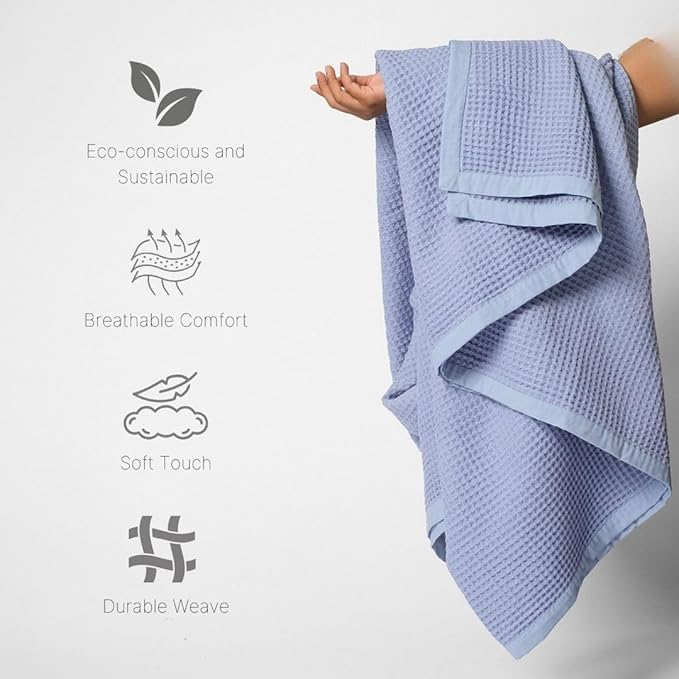 GOTS Certified Organic Cotton Waffle Weave Cozy Throw Blanket for Twin Bed & Couch - 66"X90", Modern Home Decor - Powder Blue