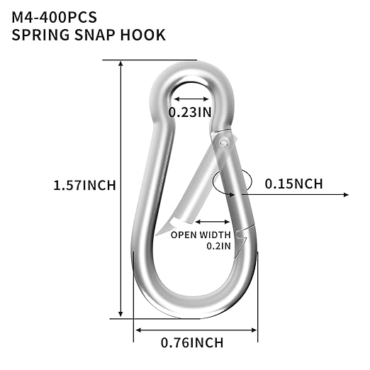 400PCS M4 Spring Snap Hook Carabiner, Heavy Duty Galvanized Steel Carabiner Clip, 110LBS Holding Capacity Spring Clips for Hammock Swing Outdoor Travel