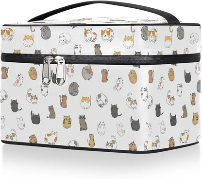 Large Makeup Bag Travel Cosmetic Bags for Women White Cute Colorful Animal Cat Makeup Organizer Case Toiletry Bag for Girls Traveling Wide Open Portable Pouch with Handle