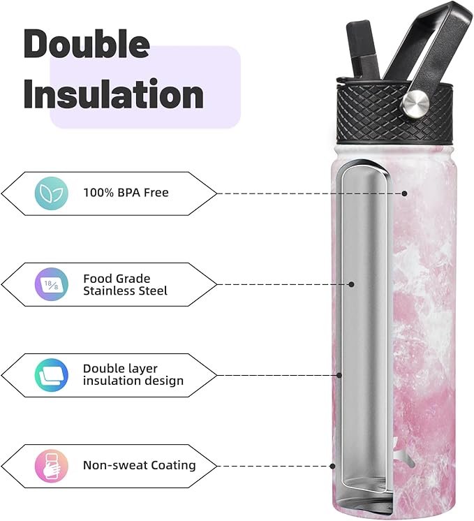 22oz Stainless Steel Bottles with 3 Lids Sport Insulated Water Bottle,Marble Blossom