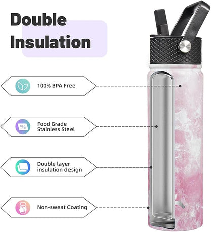 22oz Stainless Steel Bottles with 3 Lids Sport Insulated Water Bottle,Marble Blossom