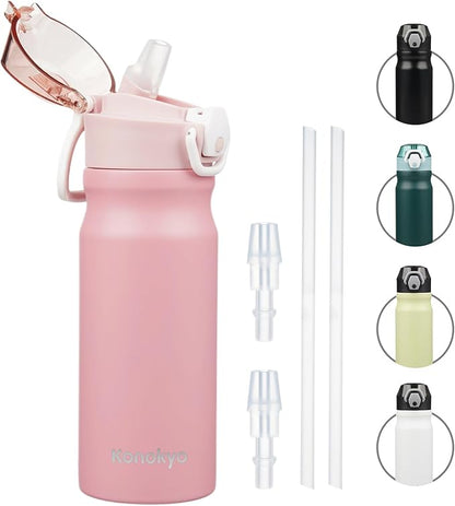 Insulated Water Bottle with Straw and Carry Loop,18 oz Stainless Steel Double Wall Vaccum Metal Water Flask with Leak-proof Lid,Pink