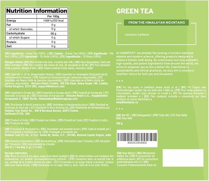 HANDPICK, Green Tea Bags - 100 Eco-Friendly Tea Bags | Resealable Pack for Freshness | Delicate & Flavory | Direct From India