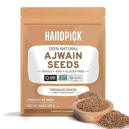 HANDPICK Ajwain Seeds (397g/14oz) Whole Carom Seeds | Vegan, Gluten free, Non GMO | Raw Carom Bishops, Indian Origin | Packed in Resealable Ziplock Pouch