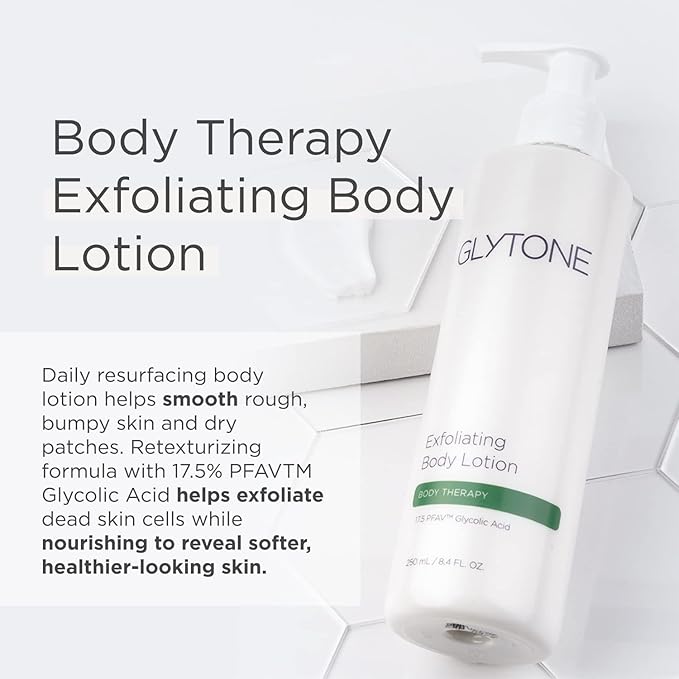 Glytone Exfoliating Body Lotion for Dry Skin, 17.5% PFAV Glycolic Acid Moisturizing Lotion, Reduce Keratosis Pilaris Bump, Fragrance Free Body Exfoliant, Revitalizing skin moisturizer, 8.4 Fl.Oz