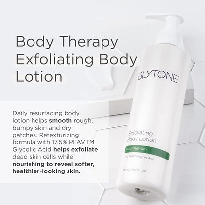 Glytone Exfoliating Body Lotion for Dry Skin, 17.5% PFAV Glycolic Acid Moisturizing Lotion, Reduce Keratosis Pilaris Bump, Fragrance Free Body Exfoliant, Revitalizing skin moisturizer, 8.4 Fl.Oz