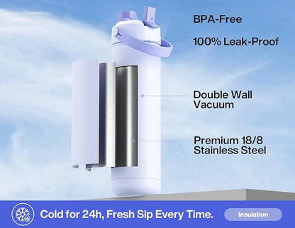 26 oz Insulated Water Bottle with 2-in-1 Straw and Spout Lid, Keep Cold 24H, Leak-Proof, Fits in Car Cup Holder, Stainless Steel Water Bottle for Sports, Travel, and School (Lupine)