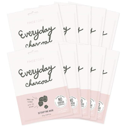 FACETORY K Beauty Face Mask Skin Care - Everyday CHARCOAL Detoxifying Sheet Mask | Plant-Based Charcoal Face Mask (10 Pack)