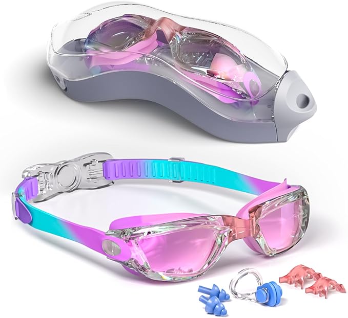 Kids Swim Goggles, Swimming Goggles for Kids with Nose Clip, Earplugs, Nose Bridge for Age 3-15