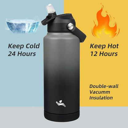 Insulated Water Bottle with Straw Lid,32 oz Stainless Steel Vacuum Metal Bottle with Silicone Handle,Gray Black