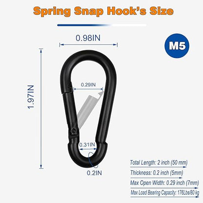 100PCS Black Carabiner Clip, M5 2Inch Spring Snap Hook Quick Link Small Carabiner Clips, 3/16'' Spring Carabiner Link Buckle for Fishing Camping Hammock Dog Leashes-220LBS Holding Capacity