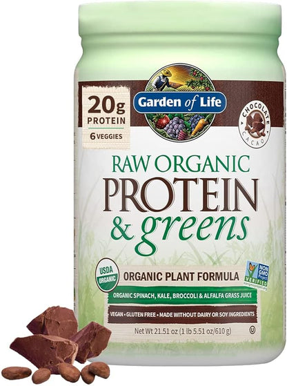 Garden of Life Raw Organic Protein & Greens - Chocolate - Vegan Protein Powder for Women and Men, Plant Protein, Pea Protein, Greens & Probiotics - Dairy Free, Gluten Free Low Carb Shake, 20 Servings