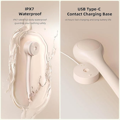 Electric Body Brush Back Scrubber for Shower, Waterproof Long Dual Handle Power Body Scrubber with 3 Heads, Rechargeable Bath Brush & 2 Speeds, for Cleansing, Exfoliating and Massaging Skin