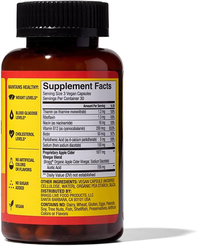 Bragg Energy Apple Cider Vinegar Capsules with B-12 Vitamins - 90 Capsules - Weight Management - Non-GMO, Vegan, Gluten Free, No Sugar - Helps Generate Energy at Cellular Level for Men and Women