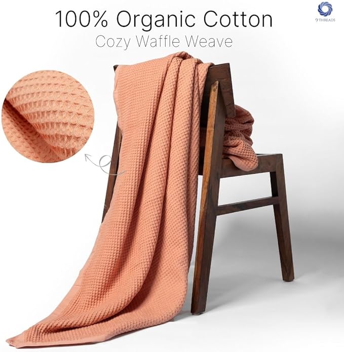 GOTS Certified Organic Cotton Waffle Weave Blanket, Queen Bed Size, 90"X90"Cozy Throw Blanket for Couch, Modern Home Decor, Throw Blankets,Comfy Waffle Blanket, Soft Bed Blankets -Sun Bay