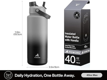 40 oz Insulated Water Bottle with 2-in-1 Straw and Spout Lid, Keep Cold 24H, Leak-Proof, BPA-Free, Double Wall Stainless Steel Water Bottle for Sports, Gym, Travel, and School (Obsidian)