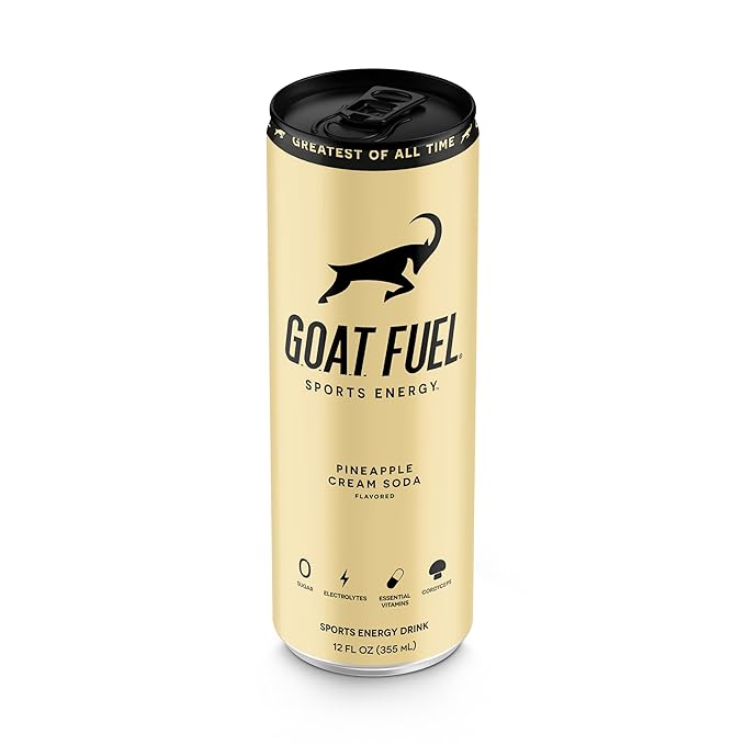 G.O.A.T. Fuel Energy Drink, Co-Founded by Jerry Rice, Natural Caffeine, Electrolytes, BCAAs, Cordyceps Mushrooms & Antioxidants, Light Carbonation Pre Workout, 12 Pack, 12 FL Oz, Pineapple Cream Soda