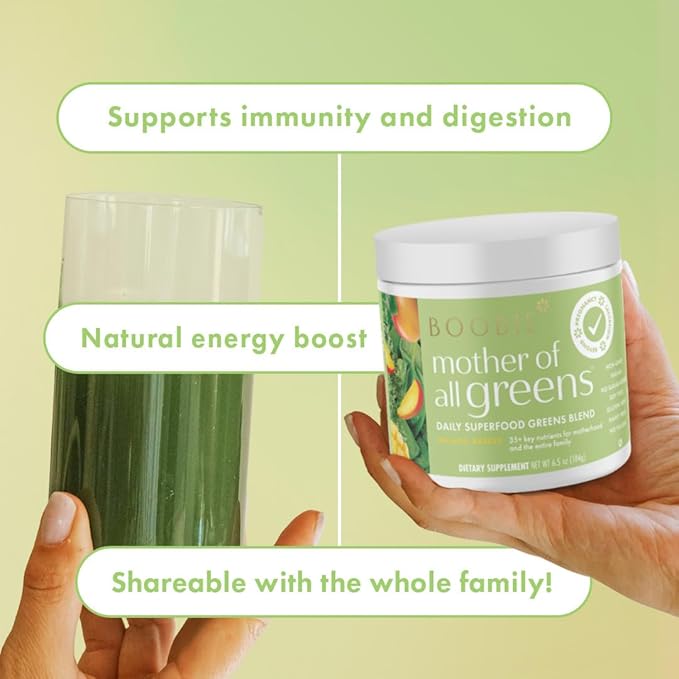 Boobie Mother of All Greens | Your New Family Ritual, Daily Super Greens Powder with 35+ Essential Nutrients for Moms & Families | Vegan, Gluten Free, & Sugar Free | Mango Flavor, 60 svgs