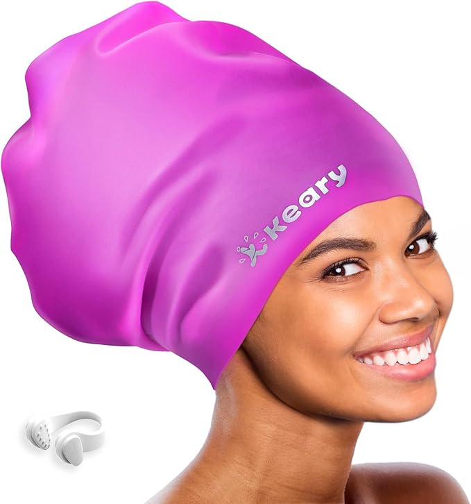 Keary Extra Large Swim Cap for Braids and Dreadlocks Extensions Weaves Long Hair, Waterproof Silicone Cover Ear Bath Pool Shower Swimming Cap for Adult Youth to Keep Hair Dry, Easy to Put On and Off