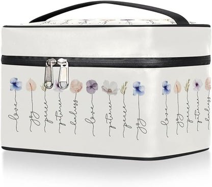 Large Makeup Bag Travel Cosmetic Bags for Women Watercolor Vintage Boho Spring Flower Floral Makeup Organizer Case Toiletry Bag for Girls Traveling Wide Open Portable Pouch with Handle
