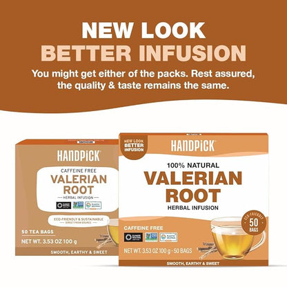 HANDPICK, Valerian Root Tea Bags (Valeriana) 50 Count | Non-GMO, Caffeine Free, Real Ingredients | Earthy/Woody Herbal Tea Bags | Round Eco-conscious Teabags