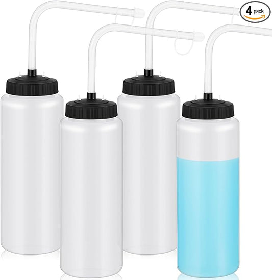 Domensi 4 Pack 1 Liter Sports Water Bottle W/long Straw Hockey Lacrosse Water Bottle with Straw Bpa Free Squeeze Plastic Use Sport Helmet in Football Baseball Gym(Translucent,Classic)
