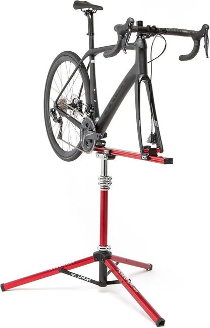 FEEDBACK SPORTS | Sprint Bike Repair Stand | Compact Bicycle Workstand W/Tripod Base | 360-Degree Rotation | Dropout Style Mount | Red