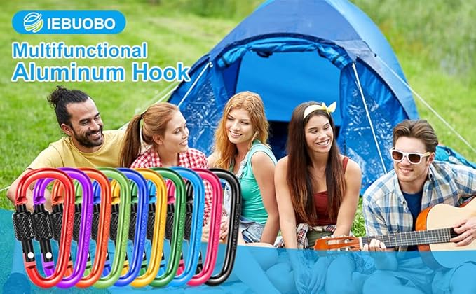 10 Pack Aluminum D Ring Key Rings Hiking Clips Locking Carabiner for Hiking Camping Fishing and Outdoor Use，Clips with Screw Gate Multicolored