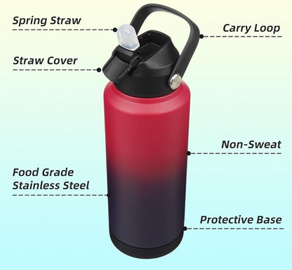 Insulated Water Bottle with Straw Lid,32 oz Stainless Steel Vacuum Metal Bottle with Silicone Handle,Rosy Red