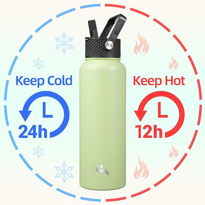 40oz Insulated Water Bottle Stainless Steel Sport Bottles with 3 Lids,Macaron Green