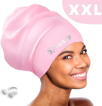 Keary Extra Large Swim Cap for Braids and Dreadlocks Extensions Weaves Long Hair, Waterproof Silicone Cover Ear Bath Pool Shower Swimming Cap for Adult Youth to Keep Hair Dry, Easy to Put On and Off