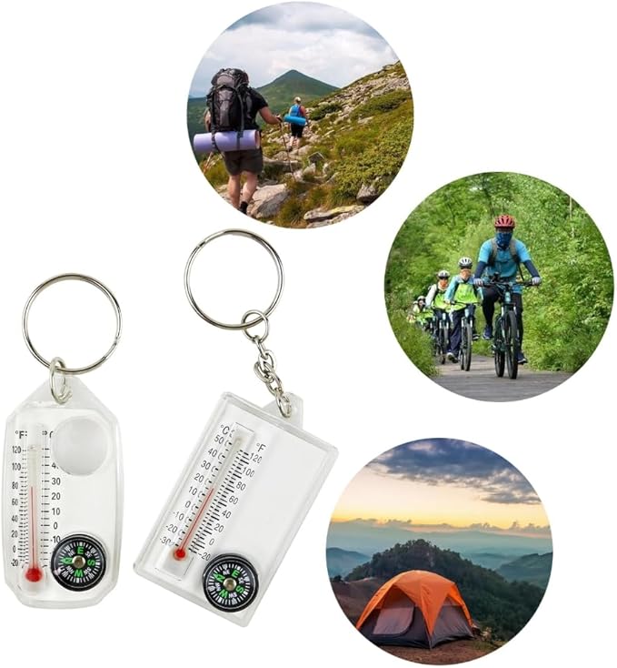 1Pc White Small Compasses Thermometer Keychain，Mini Pocket Sized