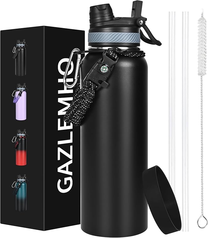 40 oz Insulated Water Bottle with Straw& Spout 2-in-1 Lid, Triple Wall Vacuum Stainless Steel Cold 48H, Leak Proof Sports Metal Flask Jug with Paracord Handle, Black