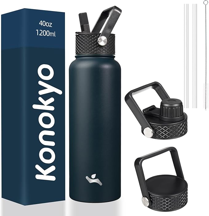 40oz Insulated Water Bottle Stainless Steel Sport Bottles with 3 Lids,Navy Blue