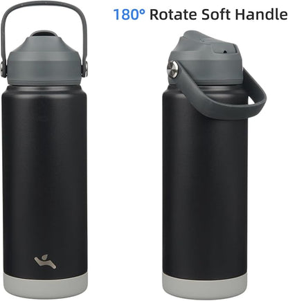 Insulated Water Bottle with Straw Lid,24 oz Stainless Steel Vacuum Metal Bottle with Silicone Handle,Black