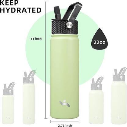 22oz Stainless Steel Bottles with 3 Lids Sport Insulated Water Bottle,Macaron Green