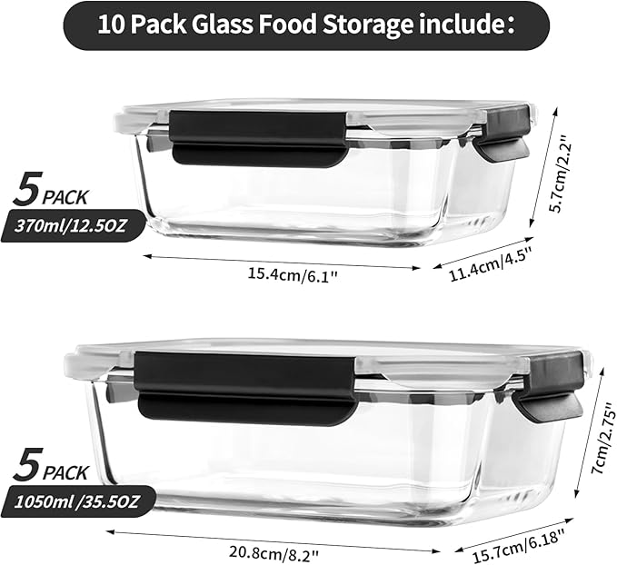Glass Food Storage Containers with Lids Airtight, Glass Meal Prep Containers with Snap Lids for Food, Bpa-free,Easy to Open&Close/Microwave,Oven,Freezer,Dishwasher Safe/Leak-proof [10 Pack]