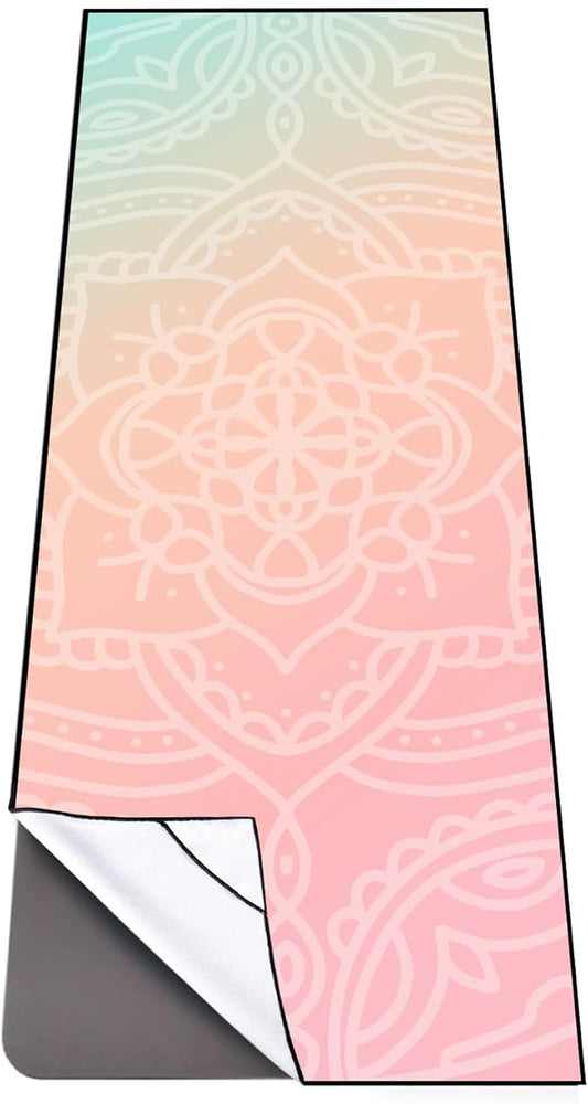 QiyI Yoga Mat Towel with Corner Pockets, Non Slip Sweat Absorbent Hot Yoga Towels, Soft Yoga Blankets with Travel Bag, Skidless Mat Cover for Workout, Gym, Fitness - 70"x26", Dreamy Pink Mandala