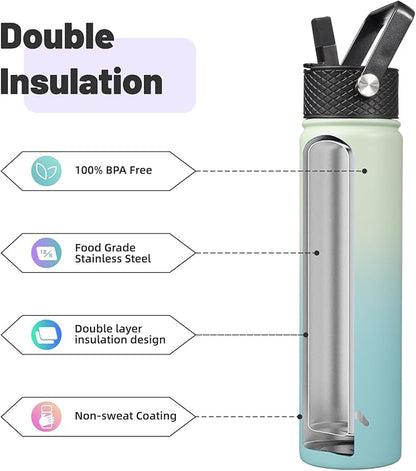 Insulated Water Bottle 24oz Stainless Steel Sport Bottles with 3 Lids,Mint