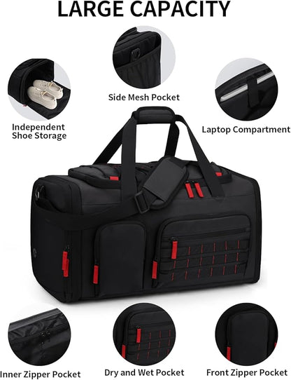Gym Bags for Men Women, 45L Sports Travel Duffle Bag with Shoe Compartment, 3 in 1 Weekener Overnight Backpack with Wet Pocket, Black