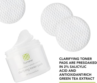 Humane Clarifying Toner Pads for Face - 2% BHA Liquid Salicylic Acid - Pore Minimizer and Facial Exfoliator - Gentle for All Skin Types - Removes Excess Oil, Dead Skin Cells, and Grime - 4 Ounce